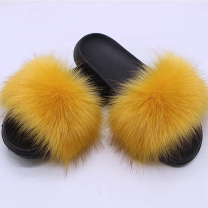 Women's  Faux Fox Fur Slides Fluffy Open Toe Slippers Indoor Outdoor Casual Flat Sandals Luxury Furry Slide Shoes for Ladies