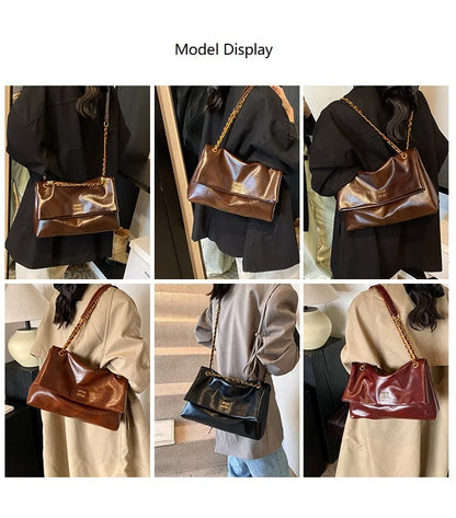 2025 Women‘s Bag Retro PU Leather Underarm Bag autumn and winter Large capacity Commuting Folded Chain Shoulder Bucket Tote Bag