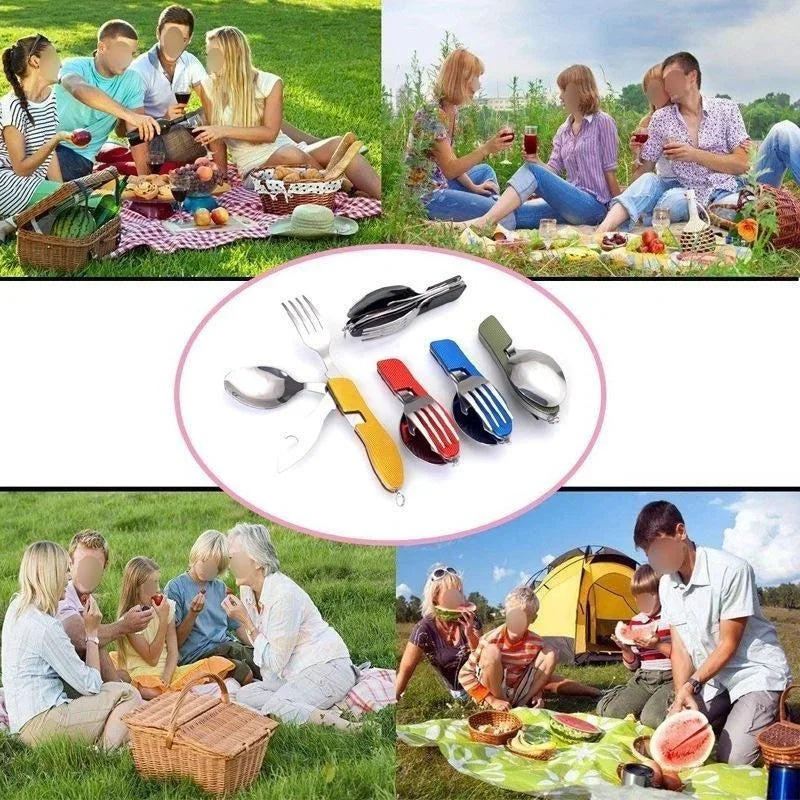 4 in 1 Camping Utensils Cutlery - Camping Stainless Steel Folding Pocket Kits for Hiking Survival Camping Travel