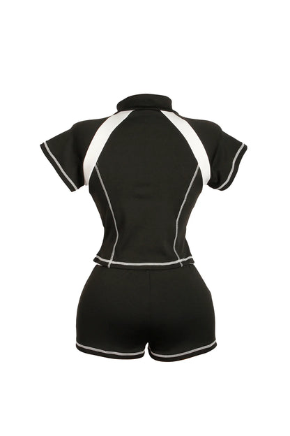 2025 Summer European and American Street Spice Girl Style Zipper Cardigan Slim Casual Sports Short-sleeved T-shirt Top Set