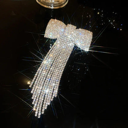 Rhinestone Bow Fringe Hairpin for Women Fashion Temperament Hair Clip Korean Light Luxury Hair Accessories Gold Silver Color