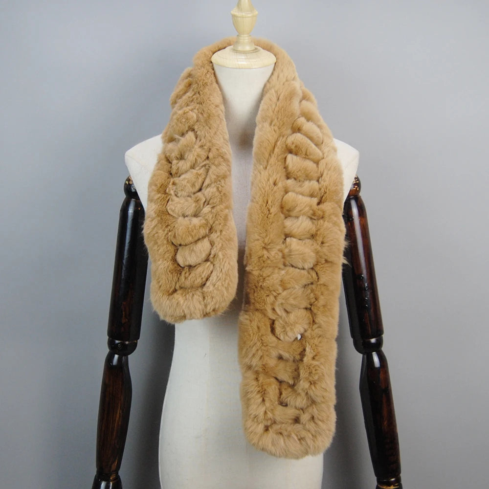 Winter Women Knitted Real Rex Rabbit Fur Scarf Natural Soft Long Style Rex Rabbit Fur Muffler Lady Warm 100% Genuine Fur Scarves