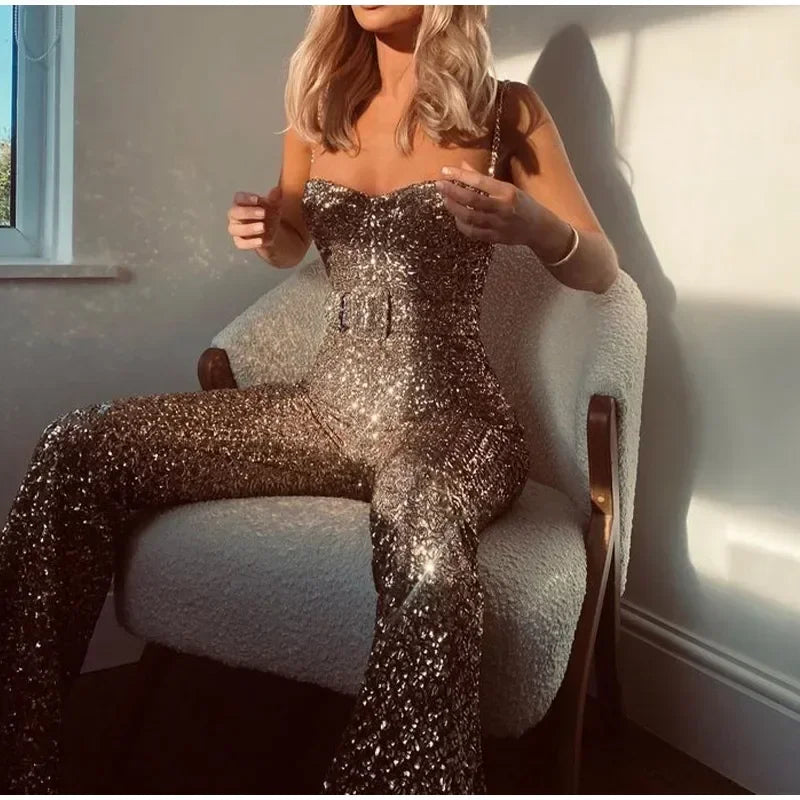Fashion Wide Leg Sequin Jumpsuits Women Spring Backless Sleeveless Overall with Belt Female Elegant High Waist Chic Streetwear