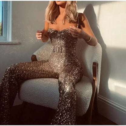 Fashion Wide Leg Sequin Jumpsuits Women Spring Backless Sleeveless Overall with Belt Female Elegant High Waist Chic Streetwear