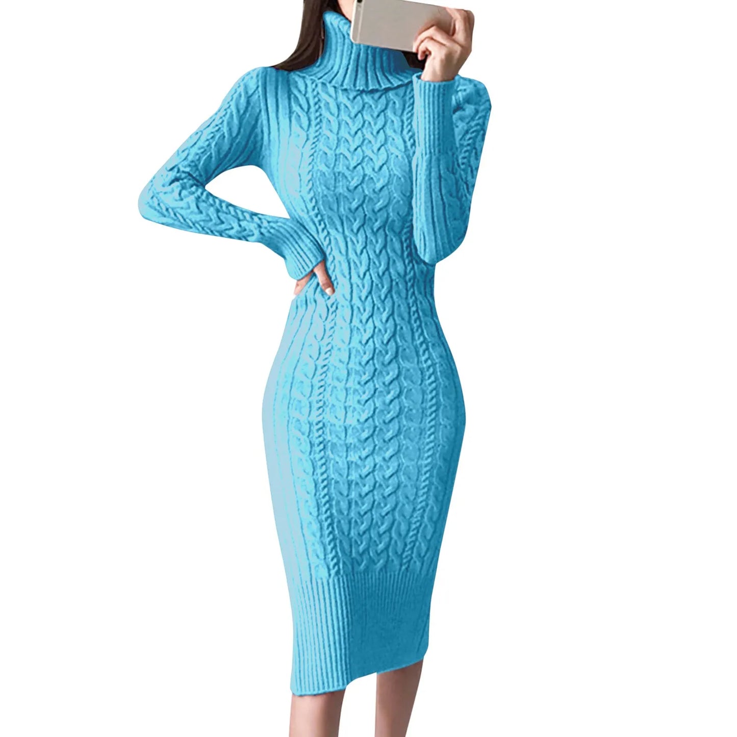 Autumn Winter Women Sweater Dresses Long Sleeve Turtleneck Dress Ladies Solid Color Knitted Bodycon Midi Dress Jumper Dresses
