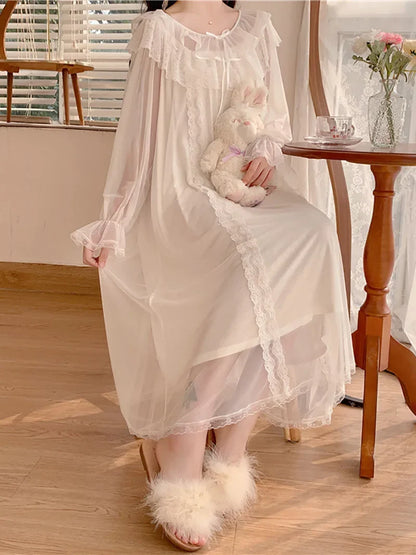 Women Ruffles Vintage Nightgowns Lolita Princess Sleepwear White Lace Mesh Fairy Night Dress Victorian Nightdress Loungewear