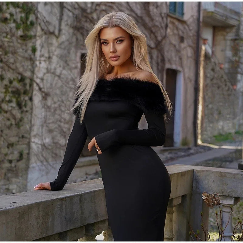 Faux Fur Patchwork Strapless Dress Women Sexy Off-shoulder Full Sleeve Cinched-waist Slim Long Gown Lady Christmas Party Dresses