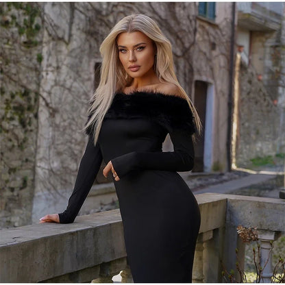 Faux Fur Patchwork Strapless Dress Women Sexy Off-shoulder Full Sleeve Cinched-waist Slim Long Gown Lady Christmas Party Dresses