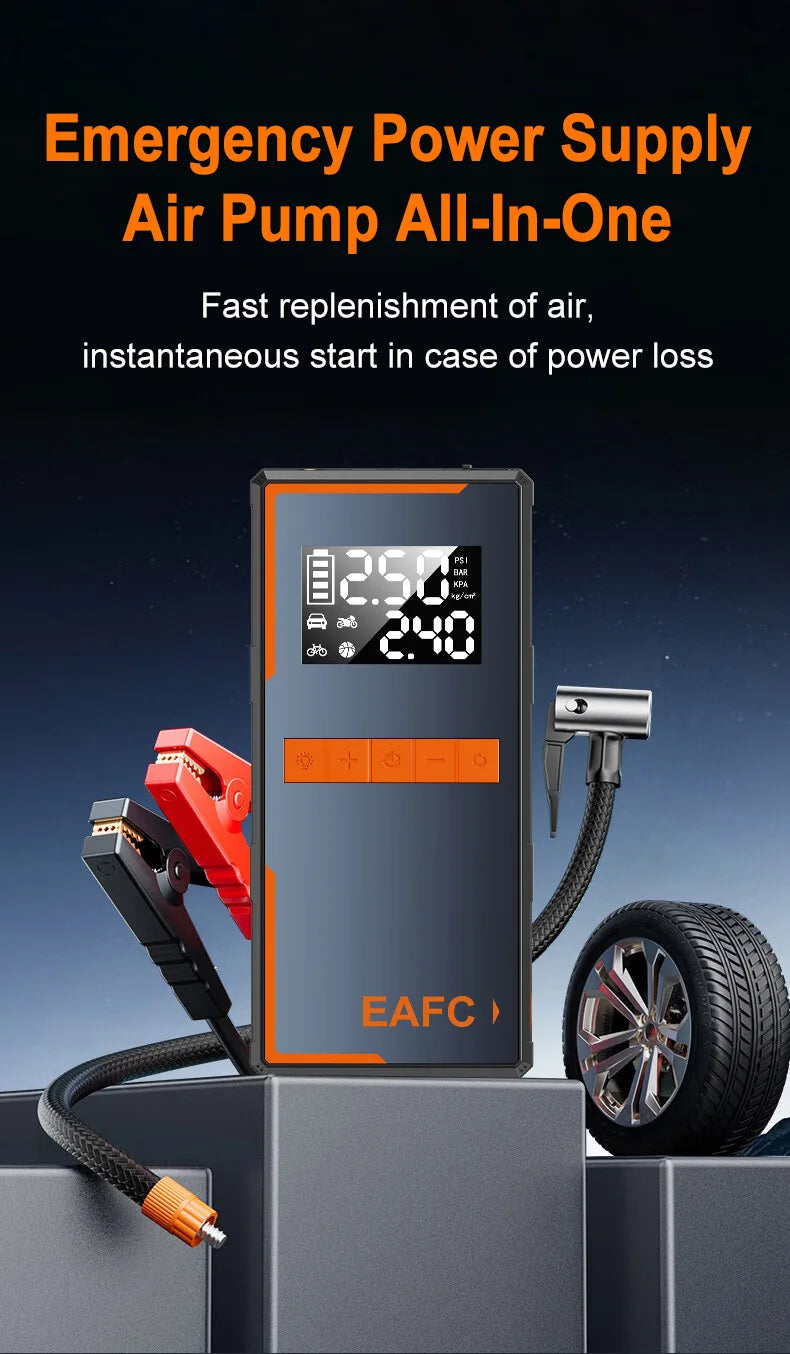 2025 Newest All-in-One Car Emergency Jump Starter & Air Pump 1200A Peak 150PSI Tire Inflator with LED Light & Power Bank