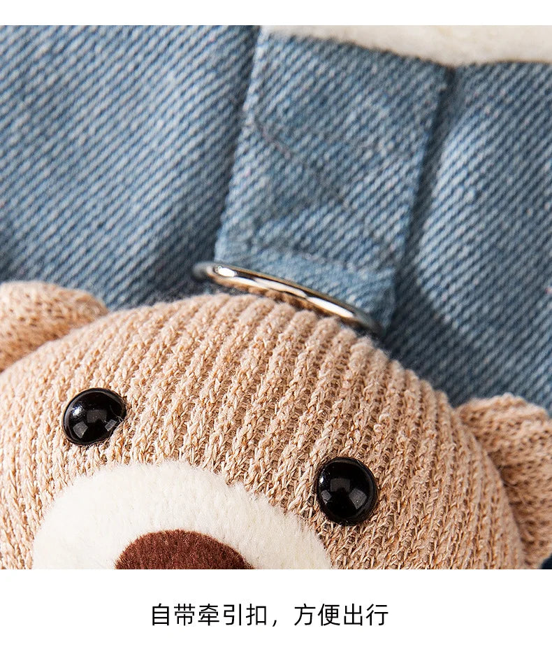 Cat autumn and winter thickened warm pocket three-dimensional bear denim traction vest small dog dog pet clothes