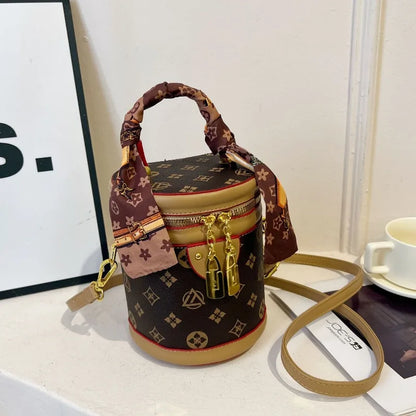 Stylish Printed Bucket Bag with Scarf Detachable Strap Shoulder Crossbody Bag for Women