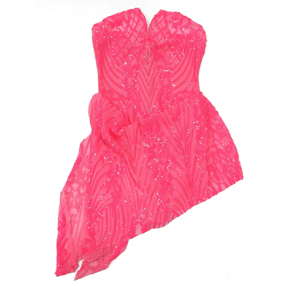CM.YAYA Women Strapless V-neck Fashion Sequined Sexy Dress Mesh See Through 2024 Summer Night Club Evening Party Mini Dresses