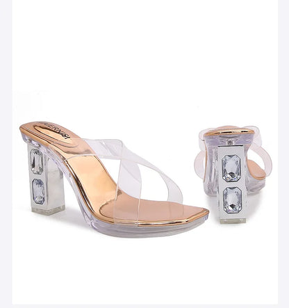 2025 Red High Heels 8cm Women Shoes Rhinestone Thick Heels Square Toe Ladies Pumps Cross Tie Straps Slippers Sandals Party Shoes