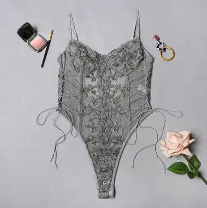 Retro 2024 New Gothic Sexy Mesh Romper Women Punk Aesthetic Fairycore Grunge Emo Floral Embroidery See Through Lingerie Jumpsuit