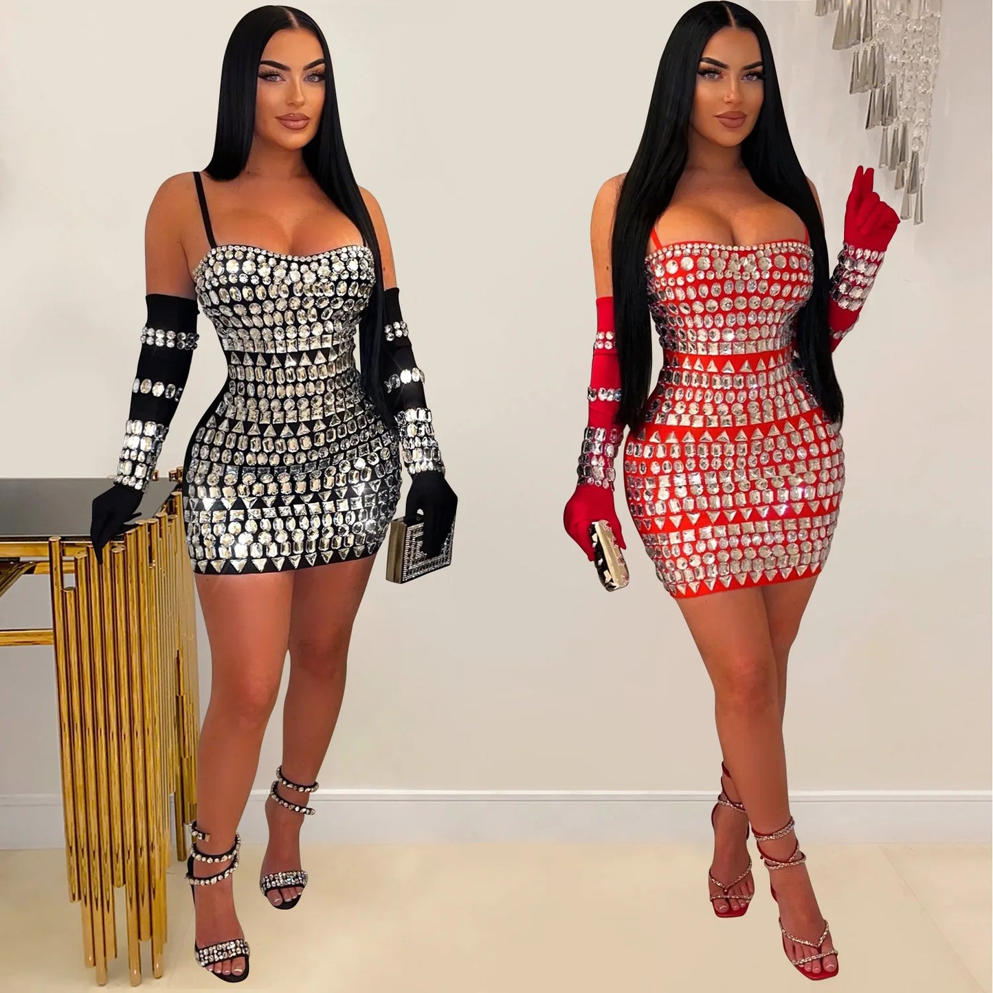 GLCMYAYA Women Diamonds Hot Rhinestones Crystal Spaghetti Strap Birthday Bodycon Midi Dress Sexy Party Even Dresses Vestidos