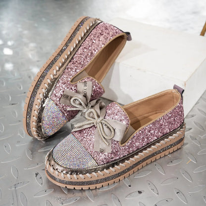 Women Sneakers 2025 New Luxury Crystals Bowknot Loafers Sequined Flat Platform Shoes Couple Fashion Plus Size Sneakers Women