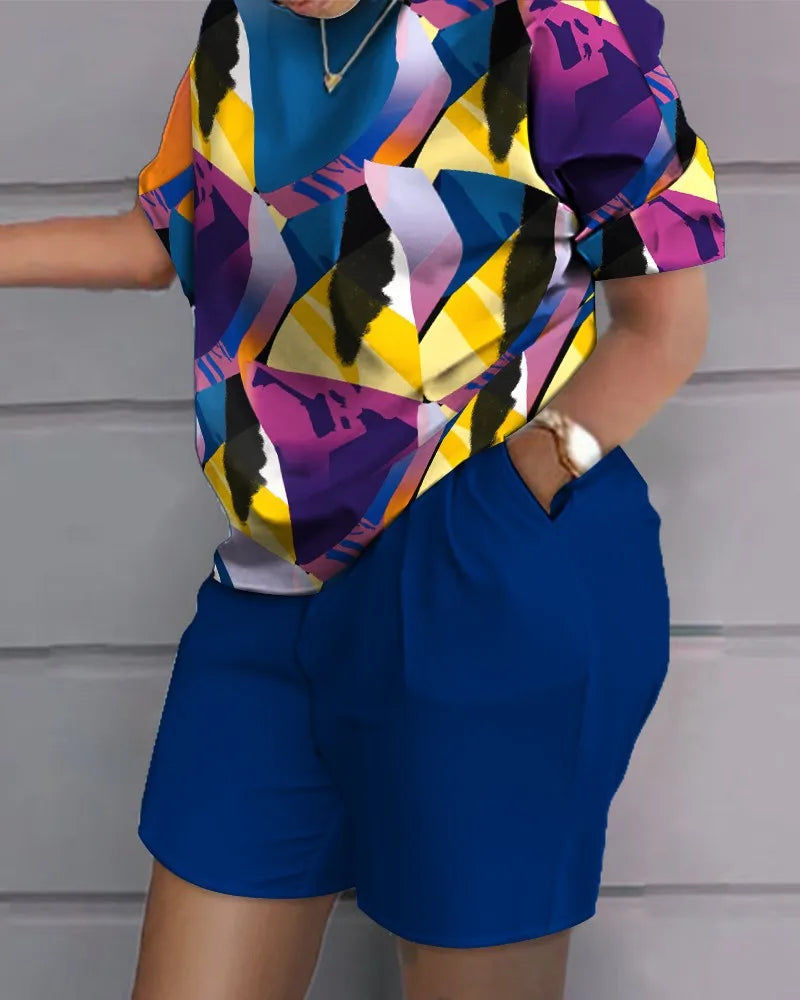 Ladies Casual Summer Two Piece Sets Printed Shorts Sets Women Round Neck Short Sleeve T Shirts Pullover High Waist Trousers Suit