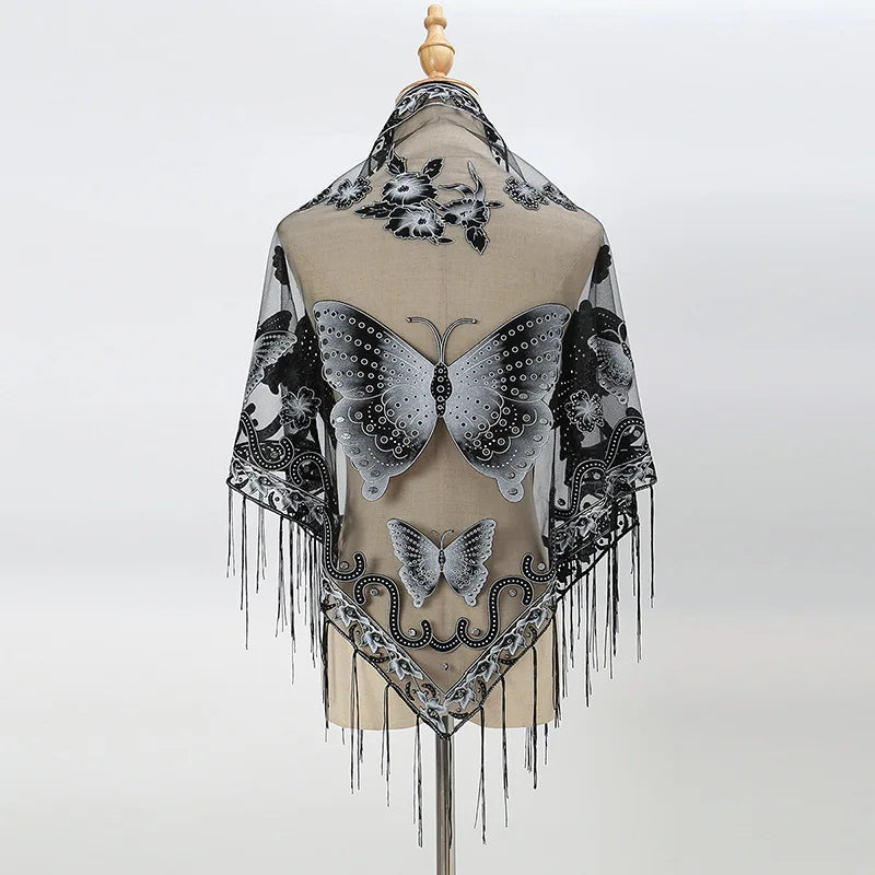 New Women Lace Tassel Triangular Scarf Solid Hollow-out Butterfly Embroidery Scarves Soft Lady Shawl Foulard Party Wrap Shawls