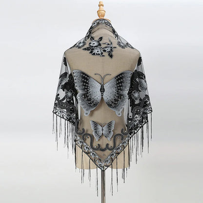 New Women Lace Tassel Triangular Scarf Solid Hollow-out Butterfly Embroidery Scarves Soft Lady Shawl Foulard Party Wrap Shawls