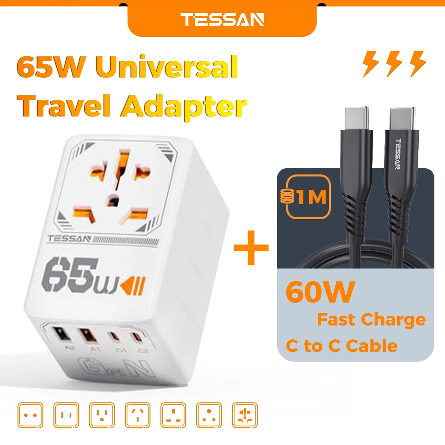 TESSAN 35W/65W/100W GaN Universal Travel Adapter with USB Ports Type C Fast Charging Power Adapter EU/UK/USA/AUS Plug for Travel