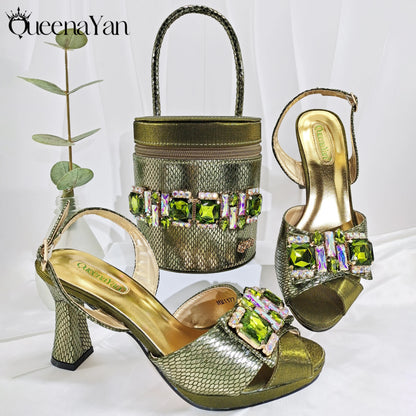 Queena Yan Nigerian-Inspired Rhinestone High Heels With Colourful Bucket Bag Fashionable Womens Footwear And Accessories Set
