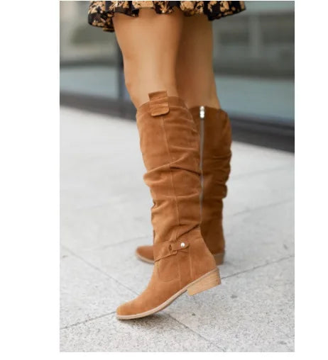 long women's boots Low Heel Side Zip Size 43 Suede Thigh High Women's Boots Retro Woman Booties Autumn Winter Knee High Boots