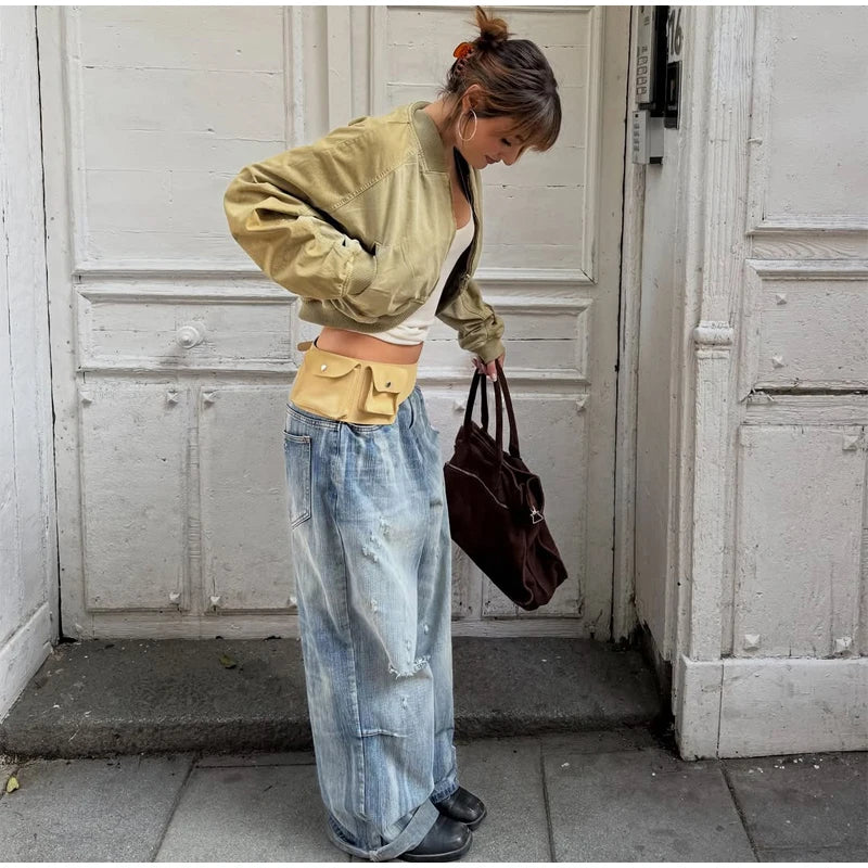 Women Khaki Cropped Bomber Jacket Chic Lapel Zipper Pocket Long Sleeve Short Coat Casual 2026 New Lady Street Daily Crop Outwear