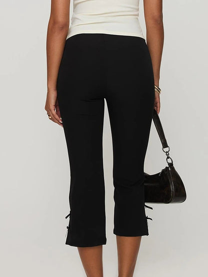 Women Bow Decor Capri Pants Chic Fashion Solid Color Slim Fit Cropped Pants Summer Casual Stretch Leggings Ladies High Street