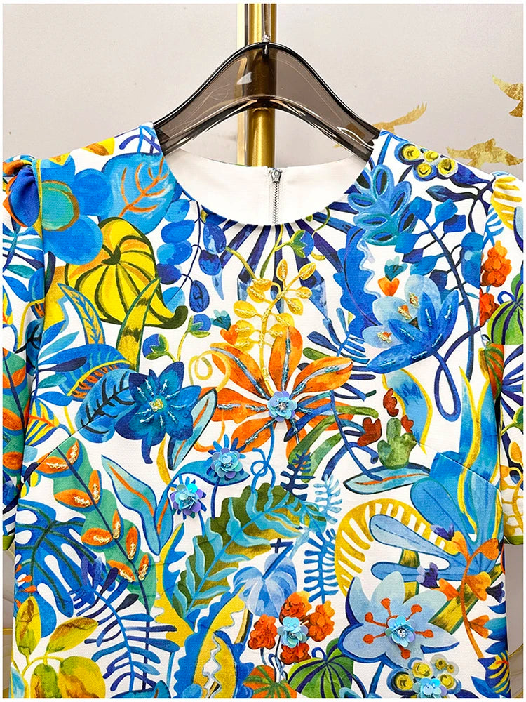 2026 Printed Beaded Dress Women Short Sleeve O Neck a Line Dress Elegant Fashion Summer Ladies Casual Party Midi Dress