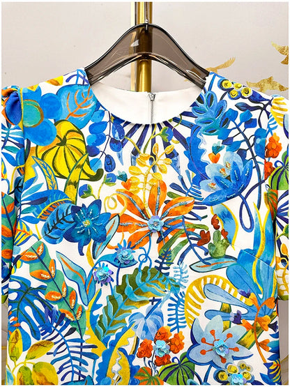2026 Printed Beaded Dress Women Short Sleeve O Neck a Line Dress Elegant Fashion Summer Ladies Casual Party Midi Dress