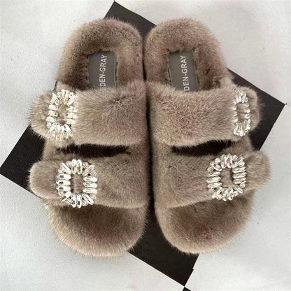 Summer Women Mink Fur Slippers Woman Luxury 2026 Women's Sandals Outdoor Fashion Casual Shoes Fur Mule Shoes Opentoed Slides