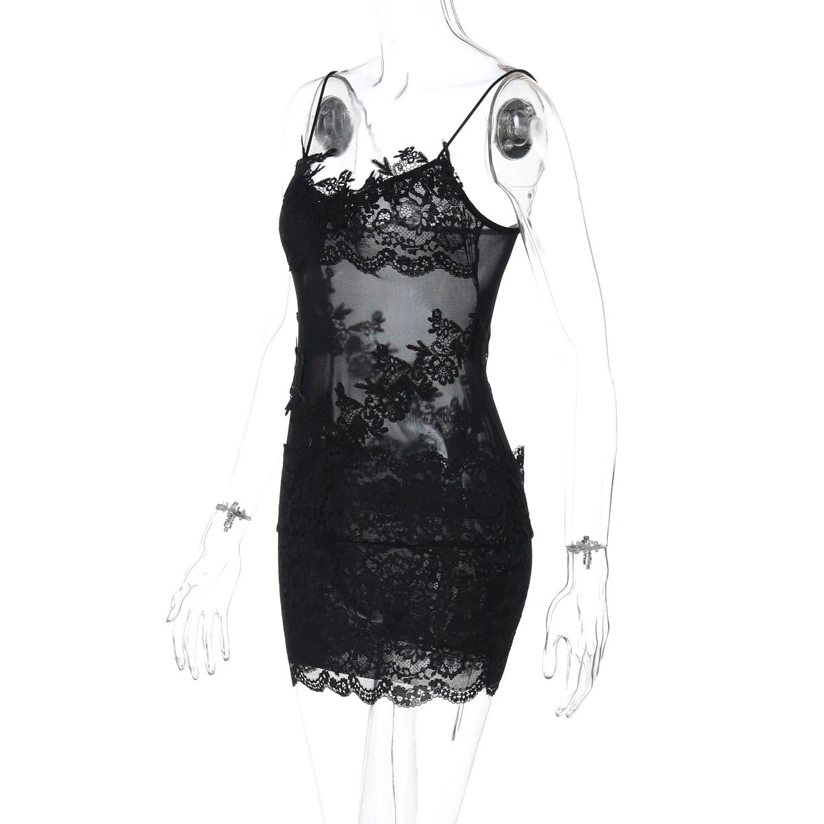 Hugcitar Women'S Fashion Lace Solid Slips Patchwork Sexy Slim See Through Mini Dress Summer Vacation Party Night Club Outfit