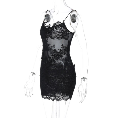 Hugcitar Women'S Fashion Lace Solid Slips Patchwork Sexy Slim See Through Mini Dress Summer Vacation Party Night Club Outfit
