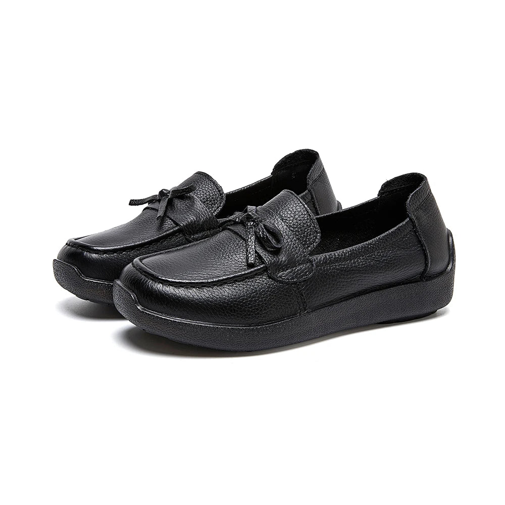 AIYUQI Women Bow Genuine Leather Loafers Slip‑on Platform Women Flat Shoes Mother Shoes Ladies Casual Walking Moccasins