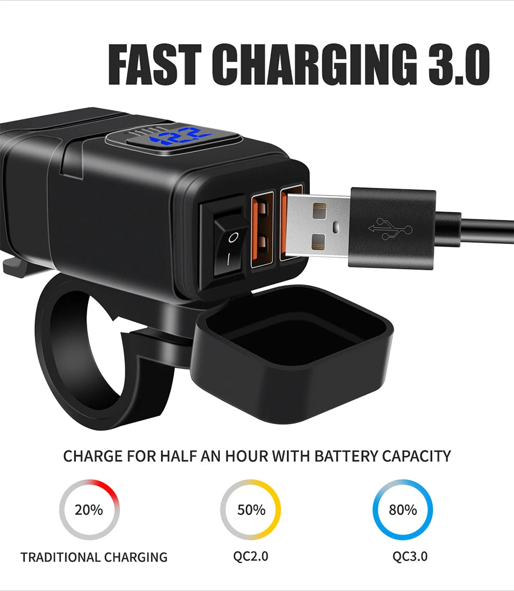 1x Motorcycle Dual USB Socket QC3.0 Fast Charger 60W Handle Style with Switch Voltmeter Waterproof 12V Power Supply Adapter Kit