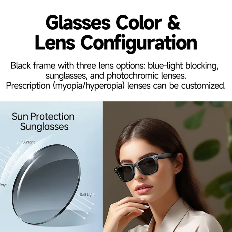 Smart AI Glasses 8MP Camera WiFi AI Translation Anti-Shake Bluetooth waterproof 4K Video photo capture Light music Sunglasses