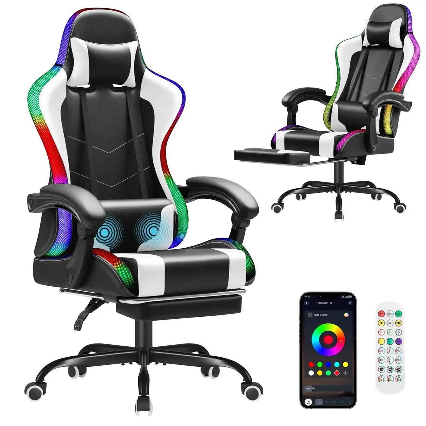 Gaming Chair, Video Game Chair with Footrest and Massage Lumbar Support, Ergonomic Computer Chair Height Adjustable, Customized