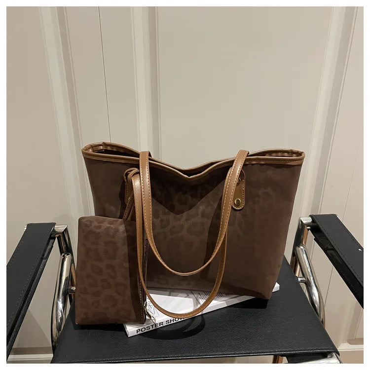 2pcs/set Leopard Print Women Shoulder Bag For Commuting, Daily Used, Casual Tote Bag Large Capacity Ladies Handbags And Purses