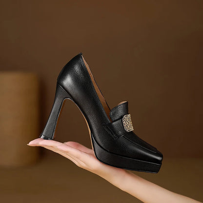 【JOCHEBED HU】Brand Genuine Leather Platform Shoes for Ladies Square Toes Women's Sewing Lines High Heels Leather
