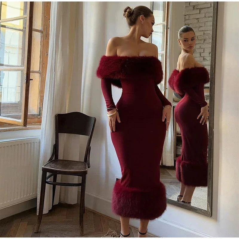 Faux Fur Patchwork Strapless Dress Women Sexy Off-shoulder Full Sleeve Cinched-waist Slim Long Gown Lady Christmas Party Dresses