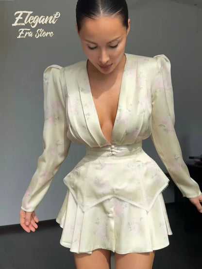Sexy Deep V-neck Floral Printed  Long Sleeve Women Dress Fashion Waist-cinched Pleated Button-front Vestidos 2026 Daily Outfits