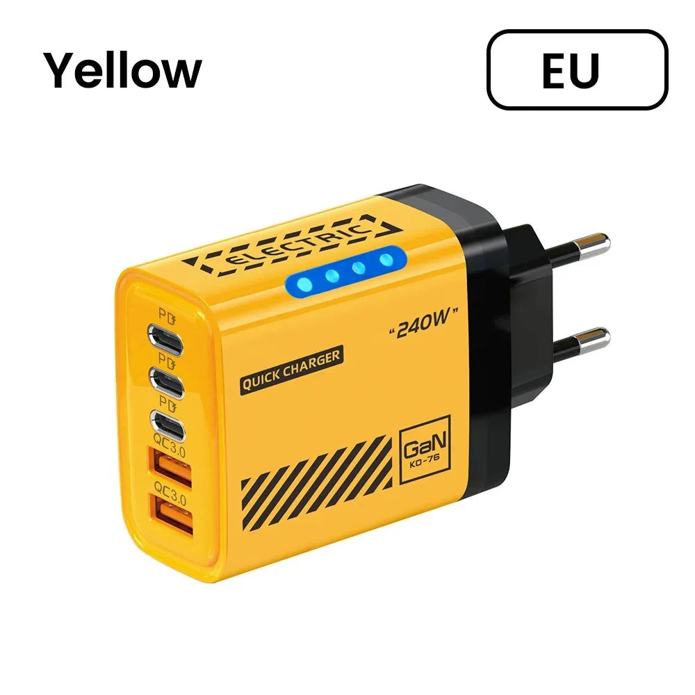 240W GaN Fast Charger 5 Ports 3USB C 2USB QC3.0 Quick Charge Plug Travel Wall Charger for iPhone Samsung Xiaomi Tablet EU/US/UK