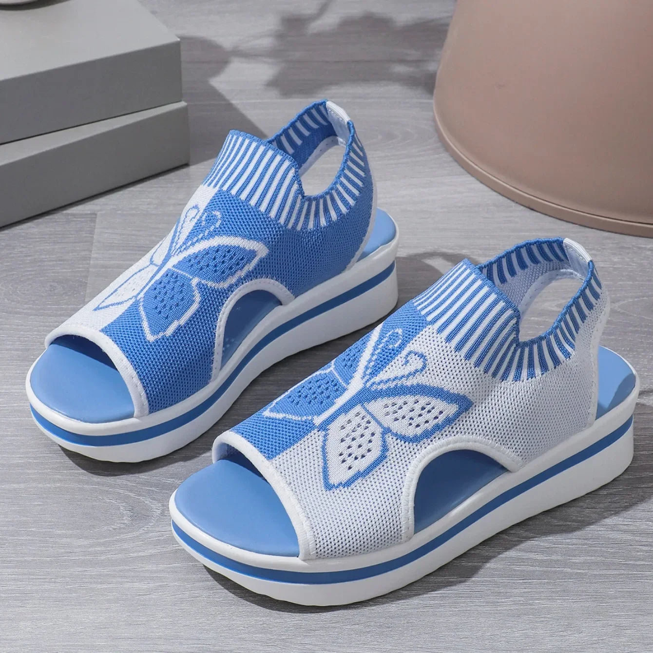 2024 Summer New Women Sandals Round Toe Platform Sole Mesh Single Women Shoes Casual Fashion Blue Butterfly Plus Size Sandals