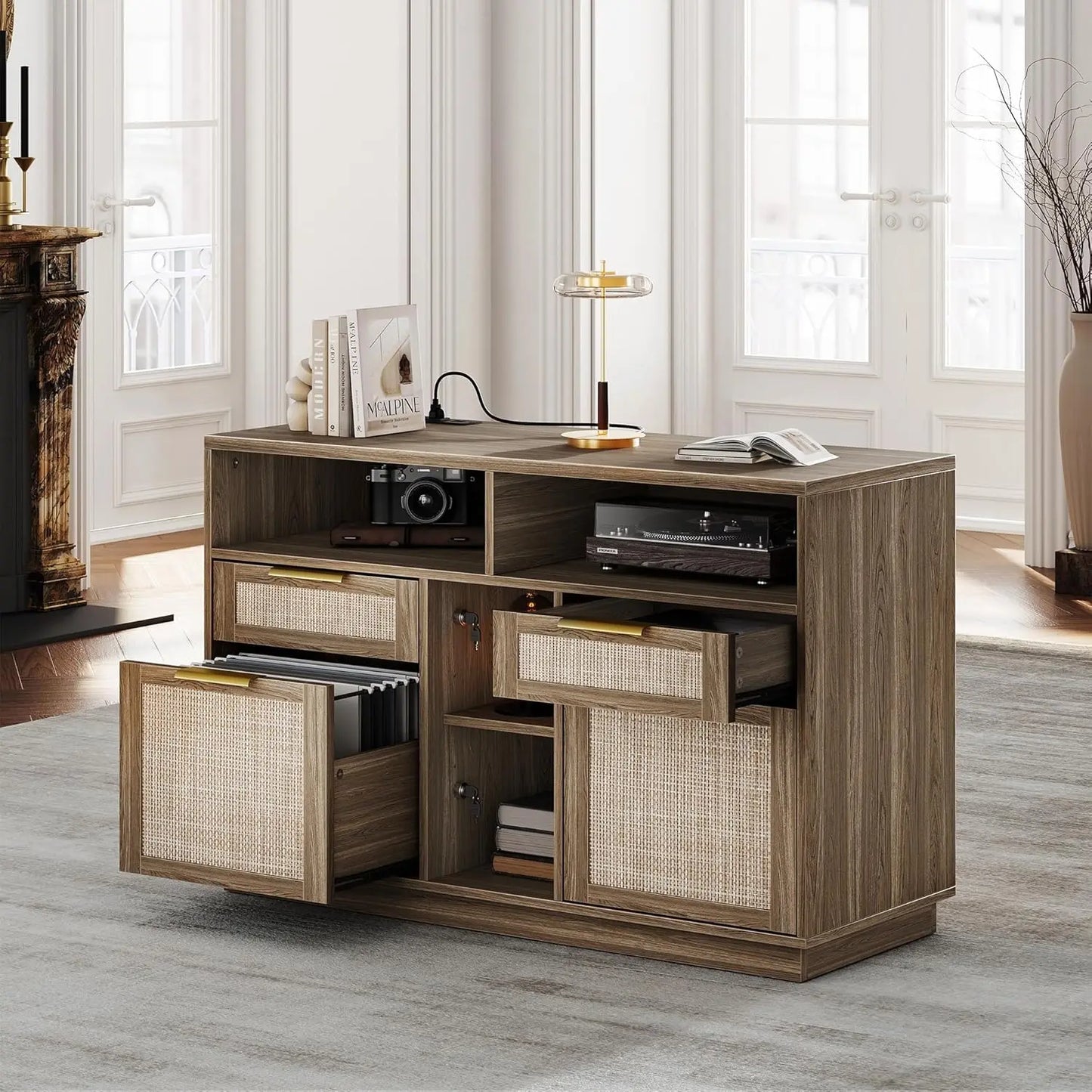 4 Drawer File Cabinet, Fluted Wood Lateral Filing Cabinet with Lock and Charging Station for Home Office, Printer, Customized