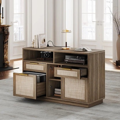 4 Drawer File Cabinet, Fluted Wood Lateral Filing Cabinet with Lock and Charging Station for Home Office, Printer, Customized