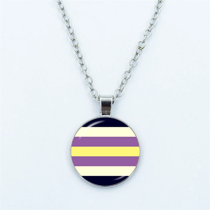 Rainbow Necklace LGBT Lesbian Gay Pride Rainbow Friendly Print Art Pattern Glass Cabochon Pendant Couple Chain Necklace Gift