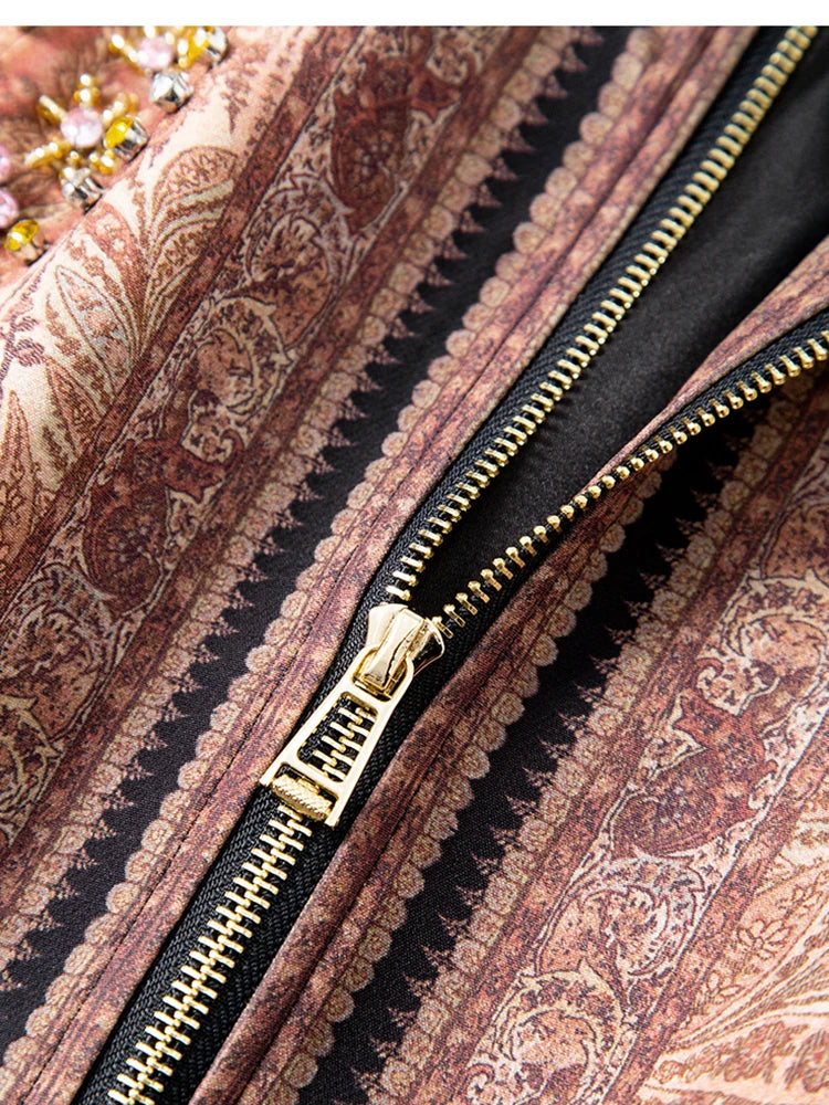 Luxury Rhinestone Stand Collar Bomber Jacket for Women, Vintage European Style Loose Fit Zip up Long Sleeve Spring Autumn Coat