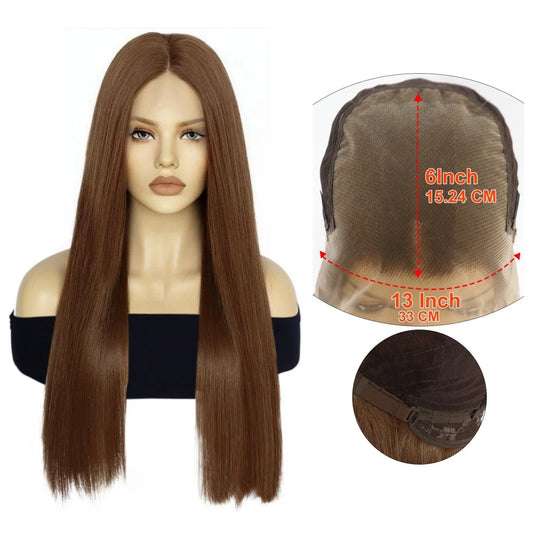  13x6 Lace Front Wig Brown Long Straight Wig Middle Part Heat Resistant Synthetic Hair Women Daily Fashion Wig