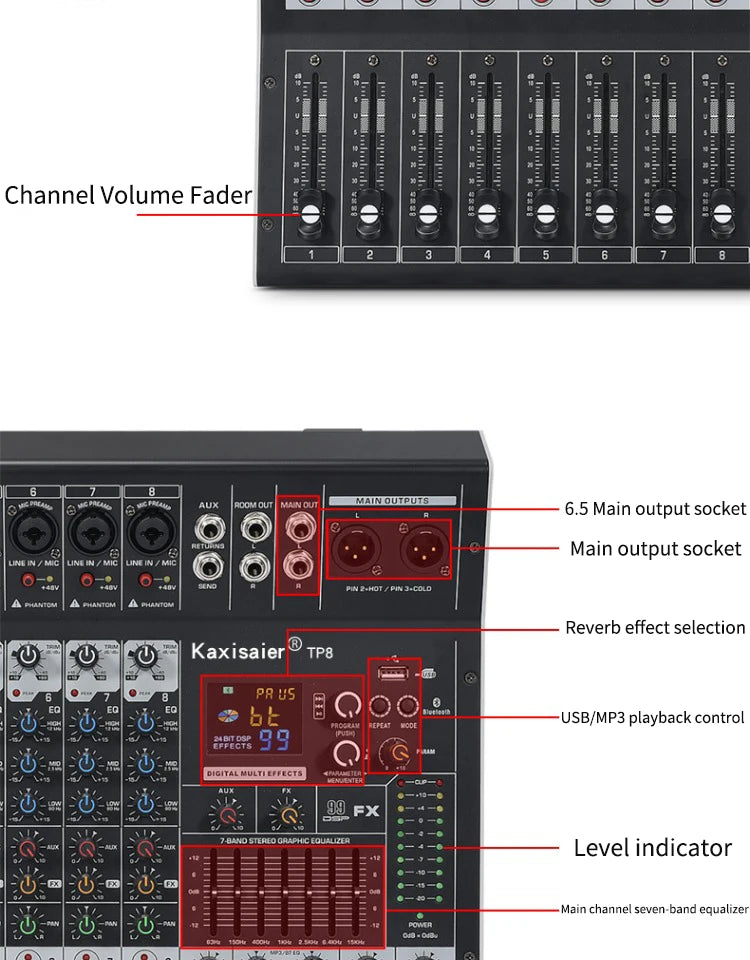 8/12 Channel Digital Mixer Audio Console 100 DSP Effects Bluetooth USB MP3 DJ Reverberation Sound Mixing Console
