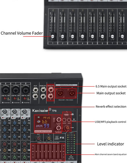 8/12 Channel Digital Mixer Audio Console 100 DSP Effects Bluetooth USB MP3 DJ Reverberation Sound Mixing Console